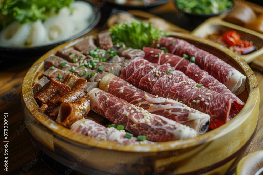 Wooden tray with assorted beef and pork rolls, beautifully arranged Wooden tray with assorted beef and pork rolls, beautifully arranged