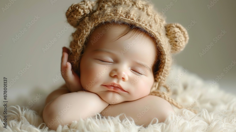 Adorable sleeping baby in a cozy knitted bear hat Adorable sleeping baby in a cozy knitted bear hat