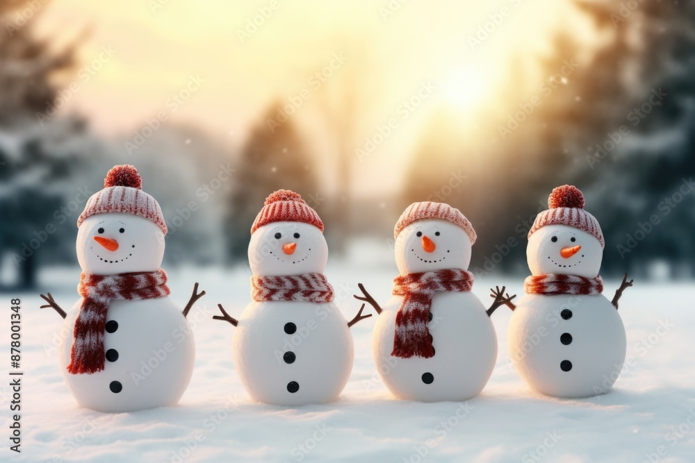 Three snowmen standing together in snowy environment Three snowmen standing together in snowy environment