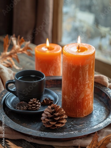 Wallpaper Mural Two candles and a cup of coffee on a tray, perfect for cozy moments or as a decorative setup Torontodigital.ca