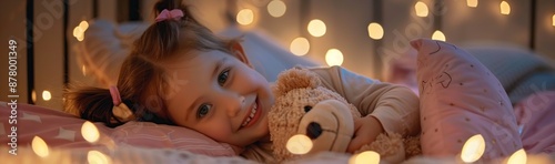 Cute little girl lying in bed with her teddy bear, smiling happily, surrounded by warm lights. photo