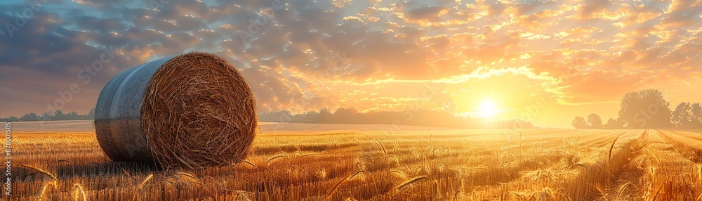 Hay bale in golden field at sunset, warm light, rural landscape Hay bale in golden field at sunset, warm light, rural landscape