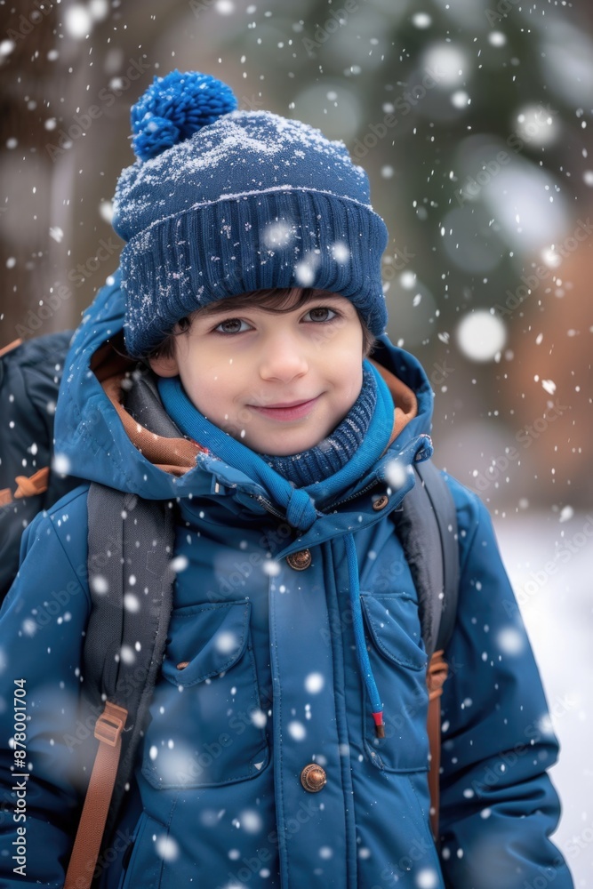 A young boy dressed in a blue jacket and hat, perfect for use in children's illustrations or family photography