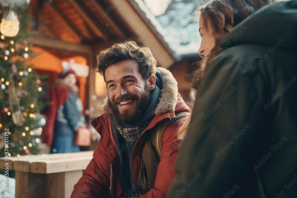 A man with a beard sits beside a woman on a bench, an everyday moment A man with a beard sits beside a woman on a bench, an everyday moment