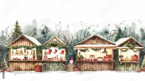 A playful scene of a holiday market with stalls selling hot cocoa and winter crafts