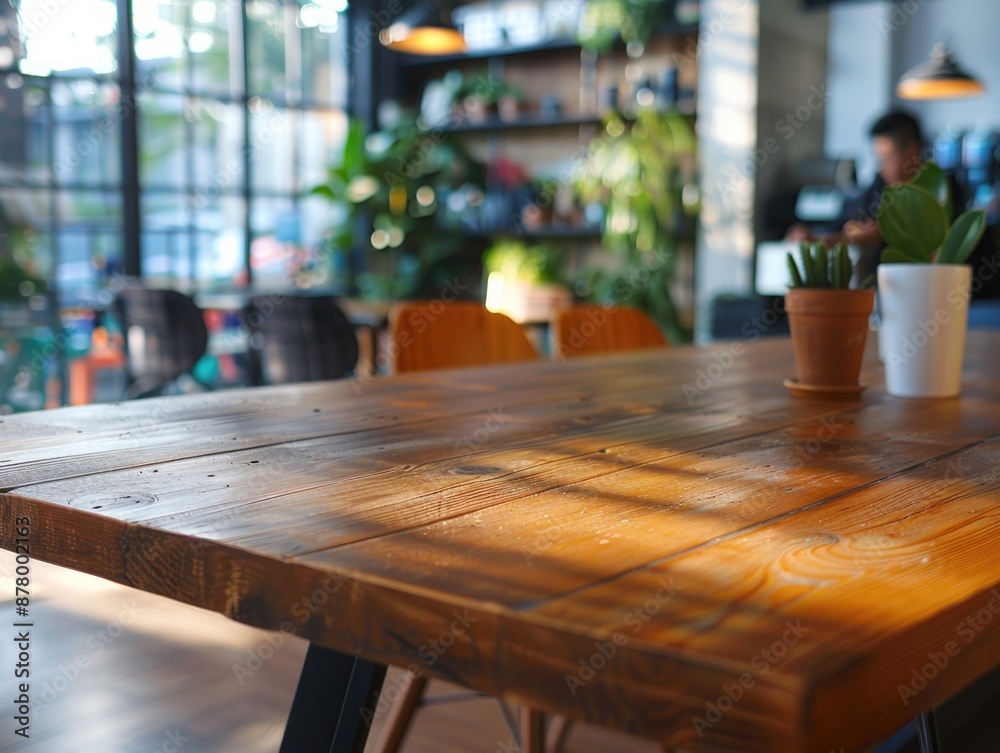 A simple wooden table with various potted plants on top, perfect for indoor or outdoor settings A simple wooden table with various potted plants on top, perfect for indoor or outdoor settings