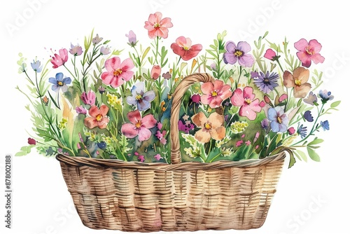 Fototapeta Naklejka Na Ścianę i Meble -  A watercolor depiction of a basket filled with freshly picked spring flowers