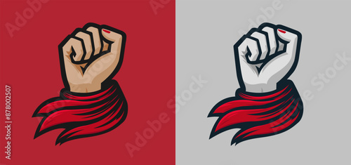 Female raised fist with red bandana scarf cloth, woman hand with rolled rag