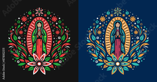 Virgin of Guadalupe, stylized illustration Mexican virgin floral design, sacred Catholic Mexico cartoon