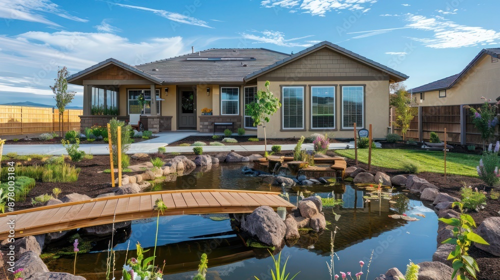 ranch-style home with a front yard featuring a small, ornamental pond with a wooden bridge ranch-style home with a front yard featuring a small, ornamental pond with a wooden bridge
