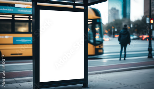 Empty outdoor poster advertisement billboard mockup, Modern Bus shelter marketing banner space in city