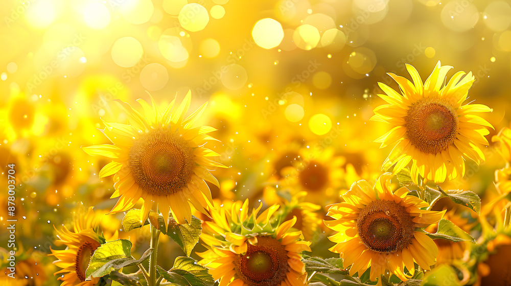 Obraz premium A beautiful field of vibrant sunflowers basking in golden sunlight, creating a warm and enchanting atmosphere perfect for capturing summer's essence.