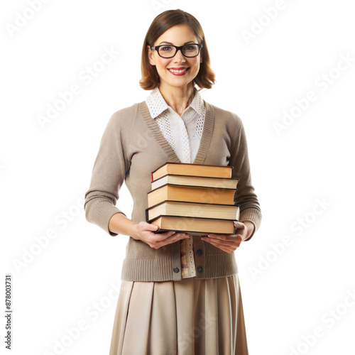 Smiling Teacher Holding Books Isolated On White Background photo