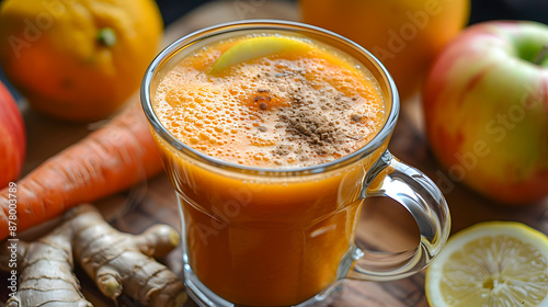 A glass of fresh carrot, apple, and ginger juice surrounded by ingredients on a wooden surface, promoting healthy and nutritious living.