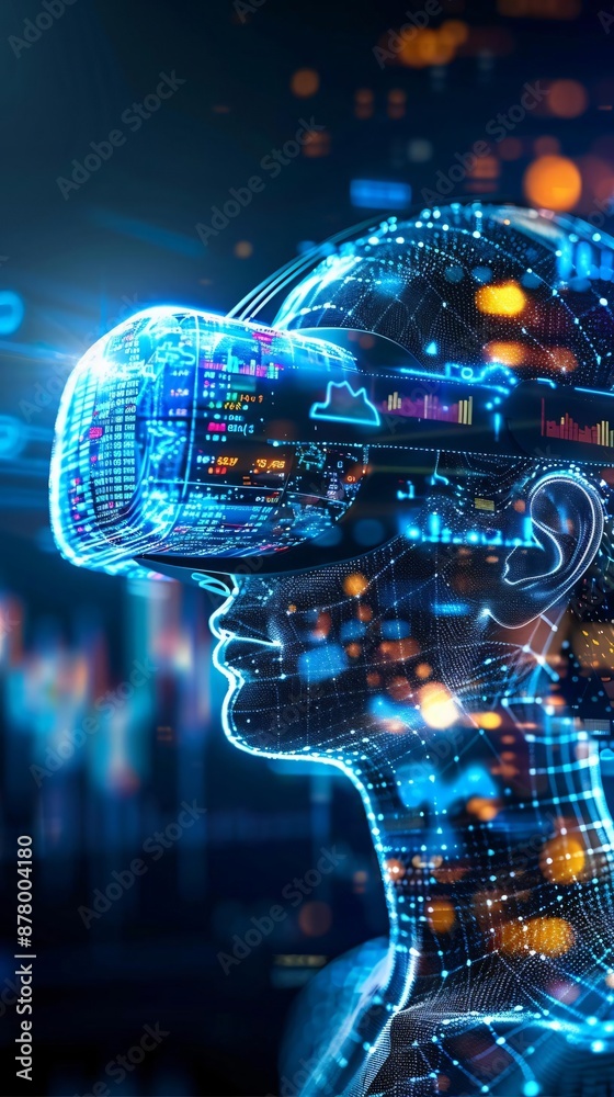 Obraz premium Futuristic digital representation of a person wearing a virtual reality headset with glowing abstract data elements.