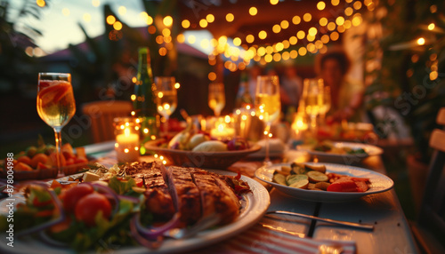 Backyard Dinner Table with Tasty Grilled Barbecue Meat, Fresh Vegetables and Salads. Happy Joyful People Dancing to Music, Celebrating and Having Fun in the Background LED lights on House Porch photo