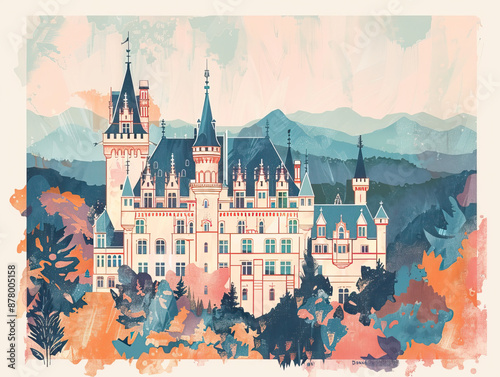 Risograph riso print travel poster, card, wallpaper or banner illustration, modern, isolated, clear and simple of Biltmore Estate, Asheville, USA. Texture, backdrop, screen printing, stencil photo