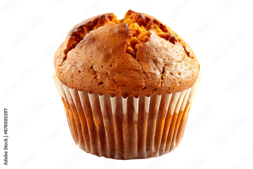 Pumpkin spice muffin dusting of powdered sugar isolated on white transparent background. Pumpkin spice muffin dusting of powdered sugar isolated on white transparent background.