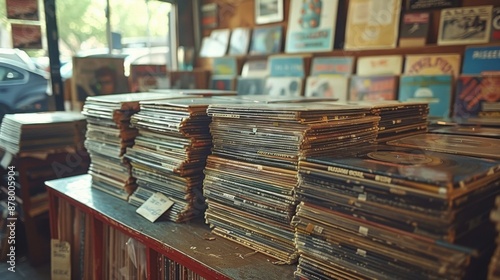 Many cds stacked on a table in a store, garage sale photo