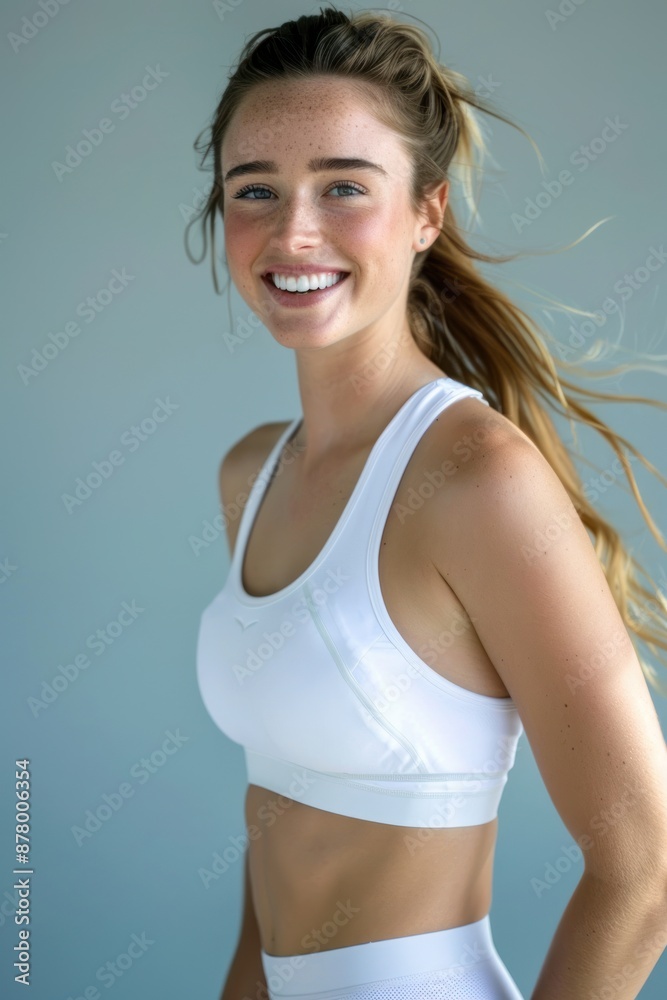 Close-up of an American woman horseback riding and smiling, wearing a white sports bra and leggings, standing in front of a light blue background, Portrait close-up, hyper-realistic, high detail,