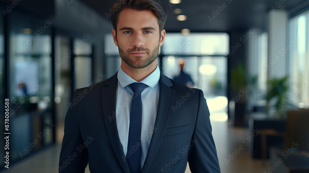 Smiling elegant confident young professional business man , male proud leader, smart businessman lawyer or company manager executive looking at camera standing in office.