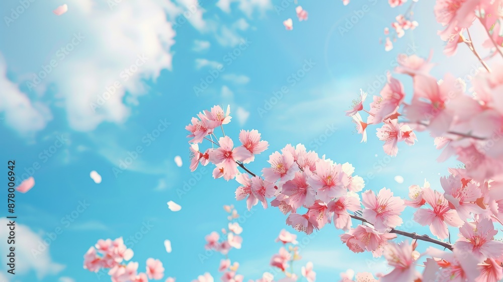 Pink cherry blossoms against blue sky with empty space summer nature scenery Pink cherry blossoms against blue sky with empty space summer nature scenery