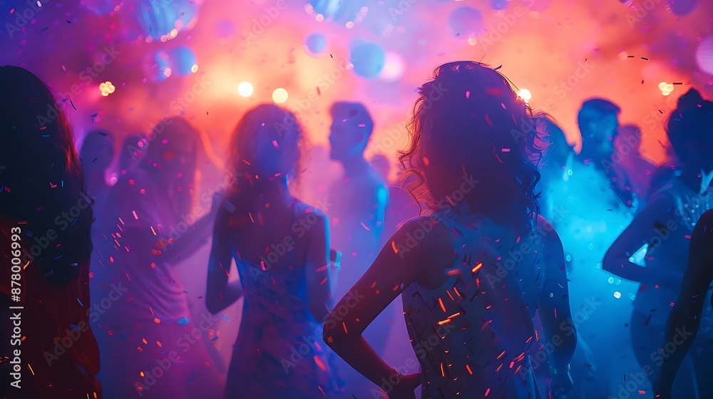 Silhouettes Dancing in a Party with Confetti Silhouettes Dancing in a Party with Confetti