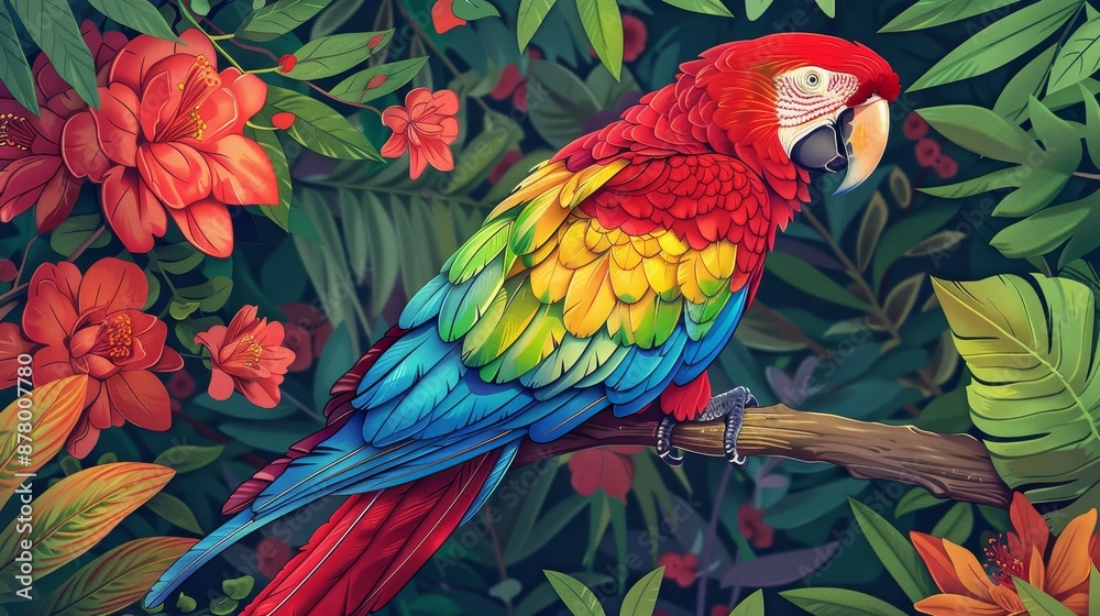 Obraz premium coloring book A multi-colored parrot sits on a branch in a jungle full of green leaves and red and orange flowers.