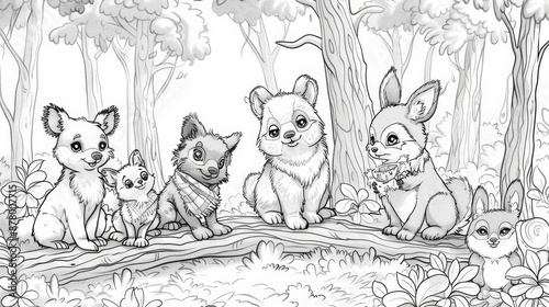 coloring book A group of woodland creatures gather together in the forest.