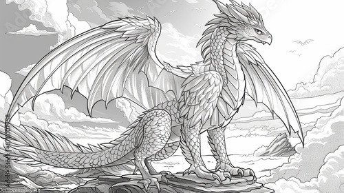 coloring book A majestic dragon stands atop a rocky crag, its powerful wings outstretched as it surveys the world below. The dragon is covered in shimmering scales.