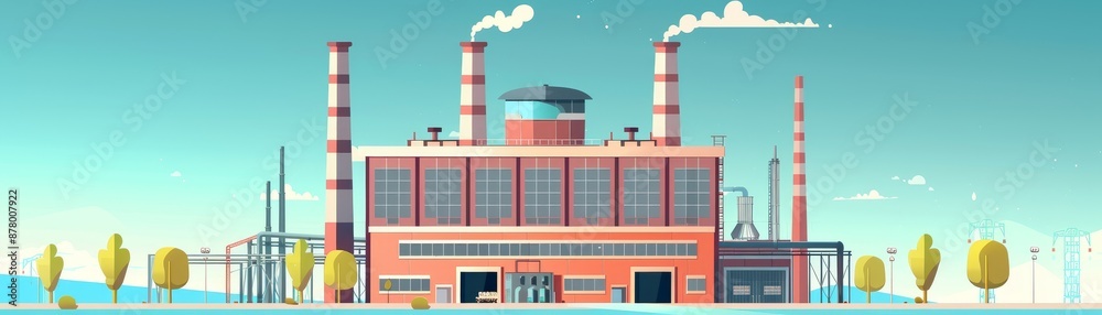 Illustration of an industrial factory with multiple smokestacks, surrounded by trees against a clear sky, emphasizing industry and environment. Illustration of an industrial factory with multiple smokestacks, surrounded by trees against a clear sky, emphasizing industry and environment.