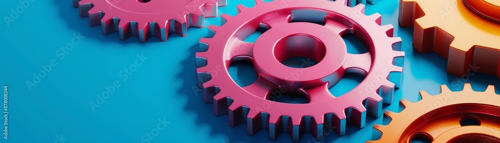 Close-up of colorful gears on a blue background, symbolizing teamwork, engineering, and mechanical concepts in vibrant colors. Close-up of colorful gears on a blue background, symbolizing teamwork, engineering, and mechanical concepts in vibrant colors.