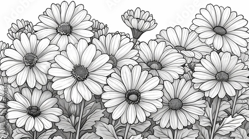 coloring book Black and white image of a field of daisies.