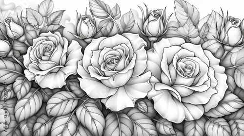 coloring book Black and white image of roses.