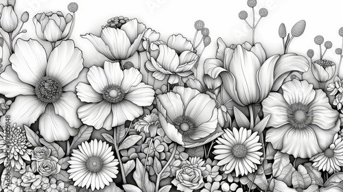 coloring book Black and white image of various flowers.