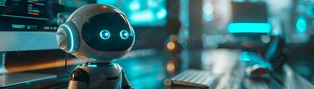 Fototapeta premium Customer Support Chatbot Focus on a chatbot interface on a computer screen, with a modern office background, empty space right for text 