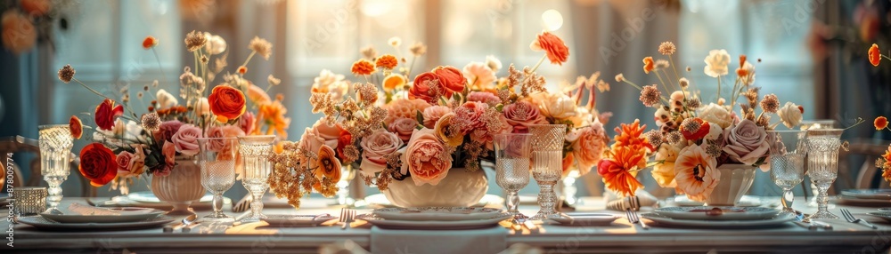 Elegant Table Setting for Special Occasion Focus on a beautifully set table for a special occasi with fine china and floral arrangements, with a luxurious background, empty space right for text., Elegant Table Setting for Special Occasion Focus on a beautifully set table for a special occasi with fine china and floral arrangements, with a luxurious background, empty space right for text.,