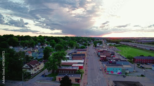 Sunset Over Main Street in Silvis, Illinois - Charming Small Town Americana in the Heart of the Midwest. Aerial view. photo