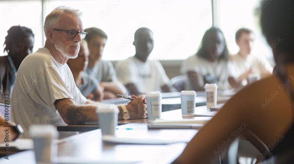 Fototapeta premium Documentary style photo of a small group of students receiving instruction from a professor, natural light, candid moment, focus on interaction and engagement