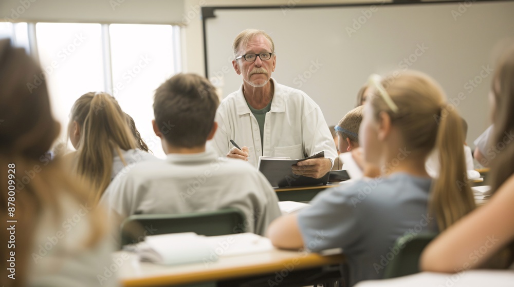 Editorial style photo of a small group of students receiving instruction from a professor, dynamic composition, bright classroom, engaging expressions Editorial style photo of a small group of students receiving instruction from a professor, dynamic composition, bright classroom, engaging expressions