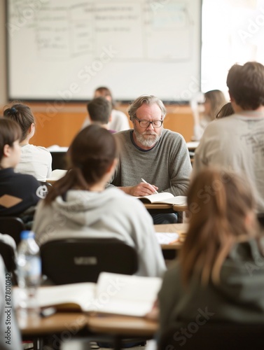 Magazine style photo of a small group of students receiving instruction from a professor  stylish setting  polished look  students actively participating