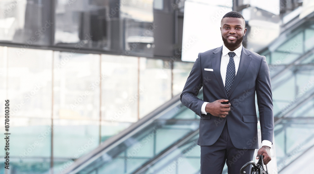 Successful African Businessman Going On Business Meeting Holding Briefcase Walking In Urban Area In City. Vertical, Full Length Successful African Businessman Going On Business Meeting Holding Briefcase Walking In Urban Area In City. Vertical, Full Length
