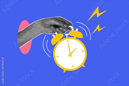 Fashionable halftones collage business concept. Time concept, alarm clock, ringing, ready. Trendy modern retro illustration in bright trendy colors. Business concept.