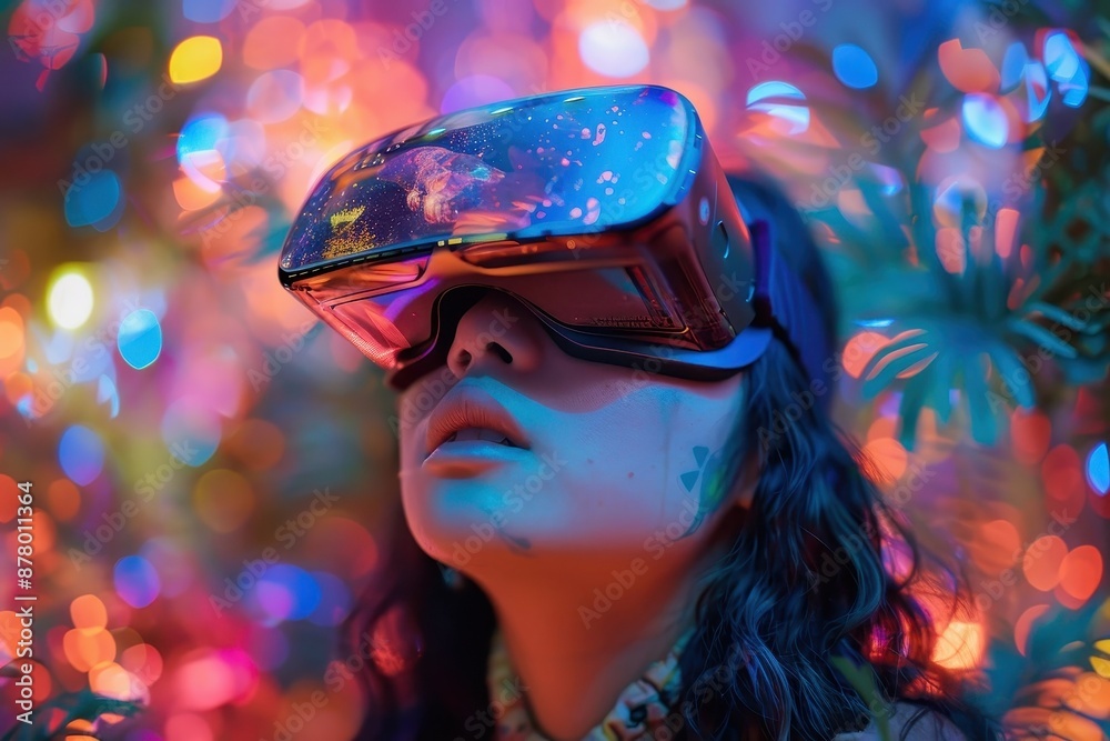 A person fully immersed in a virtual reality online game, experiencing a sense of wonder and excitement.