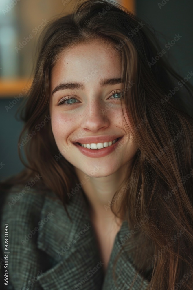 A portrait of a happy woman with long brown hair smiling directly at the camera A portrait of a happy woman with long brown hair smiling directly at the camera