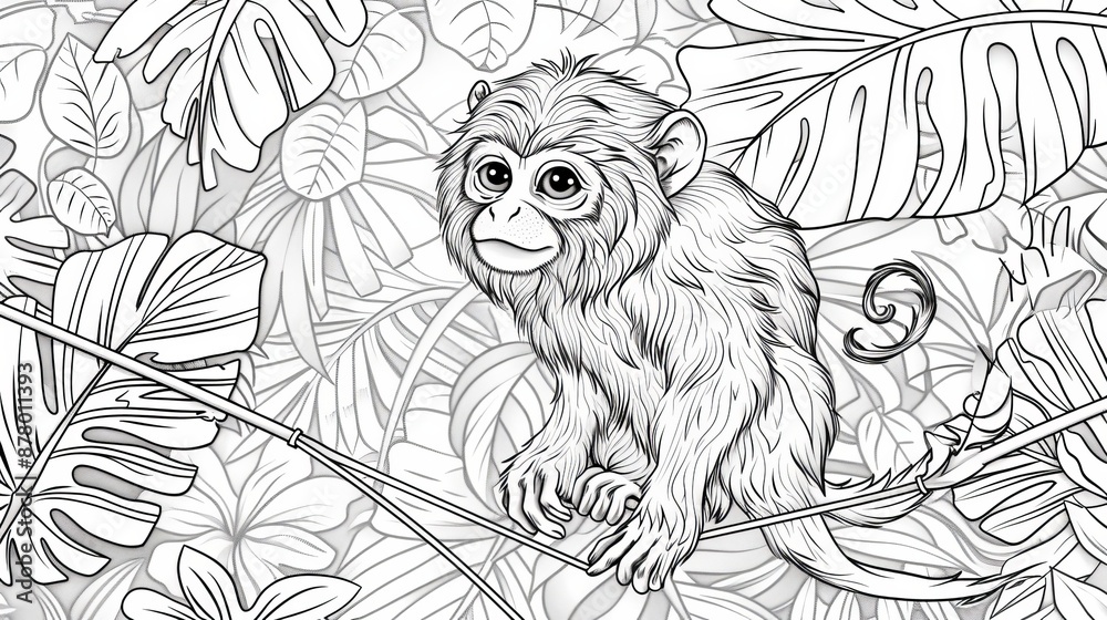 Fototapeta premium coloring book The image shows a cute monkey sitting on a branch in the jungle, looking at the viewer with curious eyes