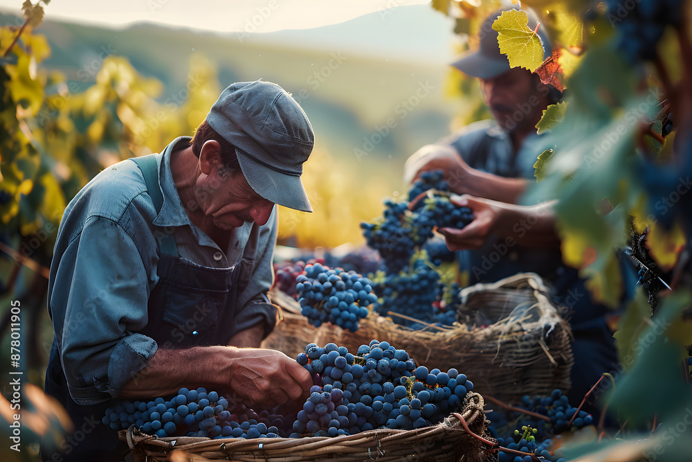 © Daniel - Man picking grapes: Manually picking blue grapes on vineyards to make wine.