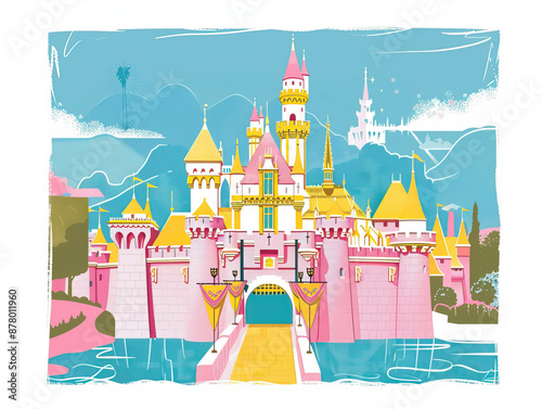 Risograph riso print travel poster, card, wallpaper or banner illustration, modern, isolated, clear and simple of Disneyland, Anaheim, USA. Artistic, screen printing, graphic design