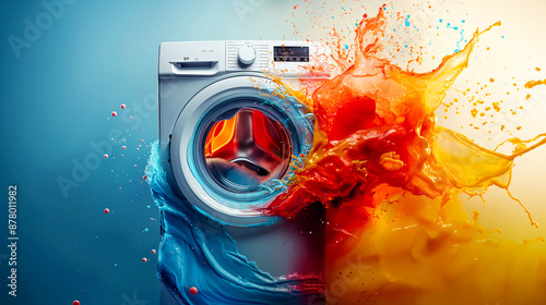 
An artistic poster of a washing machine with abstract splashes of water and soap, in bold and bright colors. photo