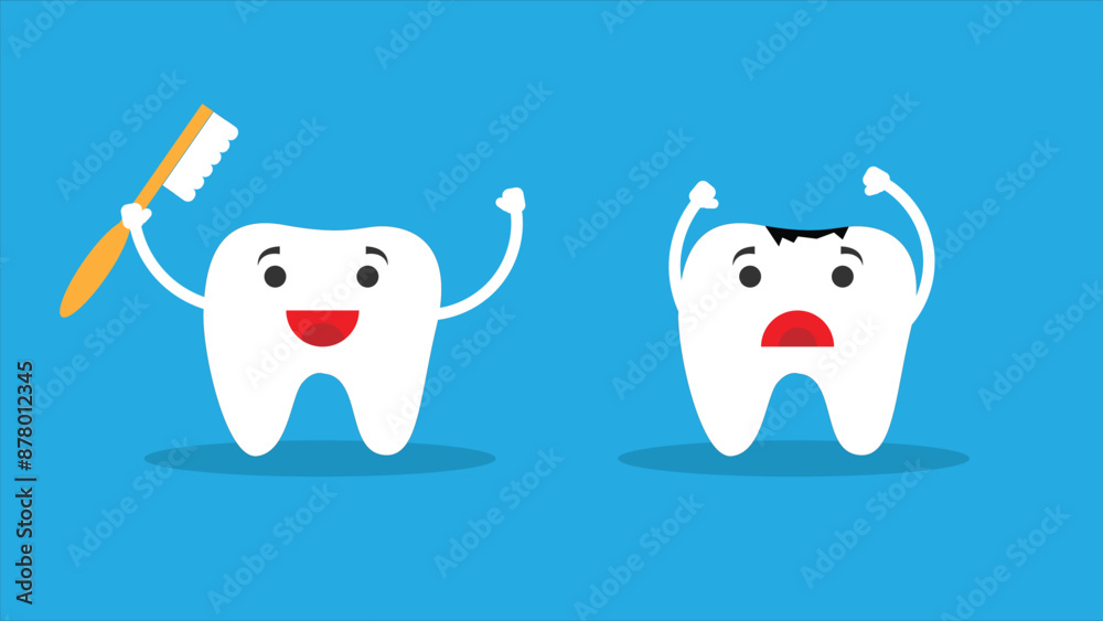 Happy Healthy Tooth and One with Caries Flat Style. Dental care and mouth care concept vector Happy Healthy Tooth and One with Caries Flat Style. Dental care and mouth care concept vector